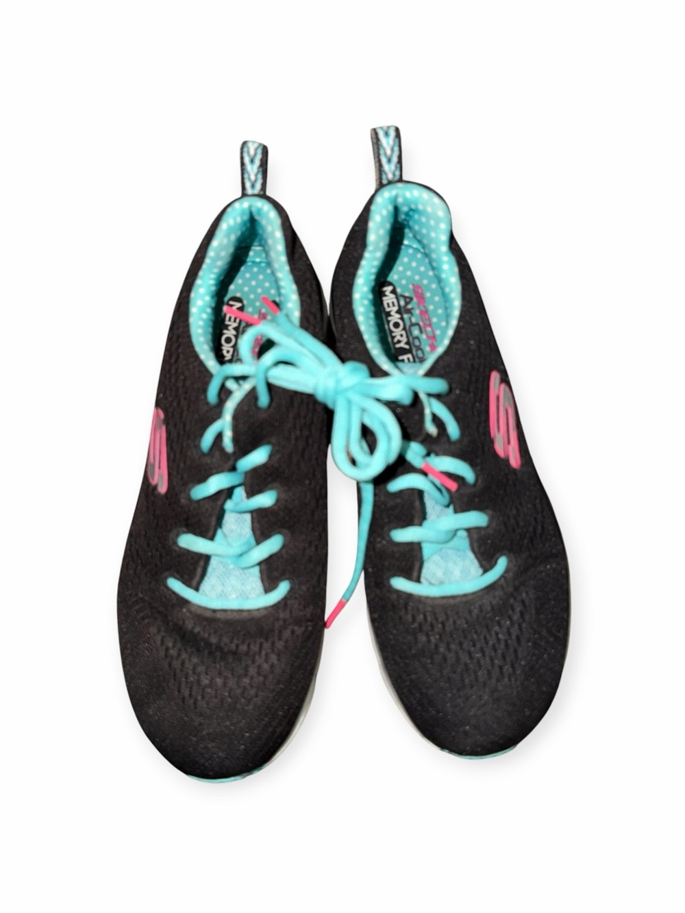 Skechers Black Athletic Sneakers with Aqua Laces and Pink Logo, US size 8.5
